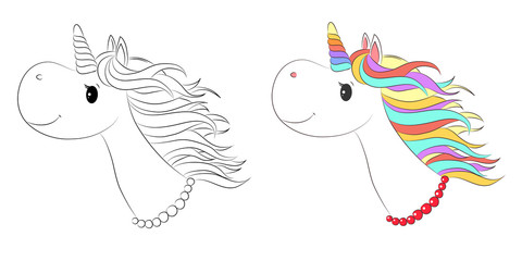 Cute unicorn line and color. Vector illustration for coloring book