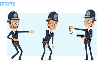 Cartoon flat funny british policeman boy character in helmet, glasses and uniform. Ready for animation. Kid laughing and holding handcuffs and pistol. Isolated on blue background. Vector icon set.