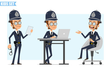 Cartoon flat funny british policeman boy character in helmet, glasses and uniform. Ready for animation. Kid working on laptop, holding handcuffs and note. Isolated on blue background. Vector icon set.