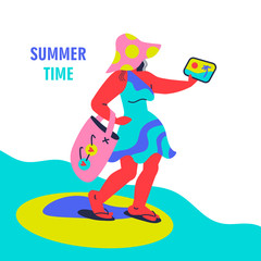 Summer time. Young woman enjoys summer vacation by the sea with a phone in her hands. Cartoon flat vector illustration.
