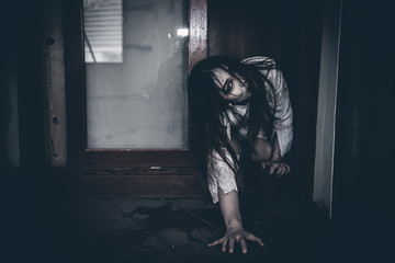 Portrait of asian woman make up ghost face with blood,Horror scene,Scary background,Halloween poster,Thailand people,Ghost movies poster