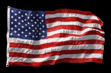 American flag waving in the wind isolated on black background. 3D