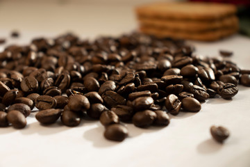 Breakfast coffee cookies morning still life background coffee grain on a white background 