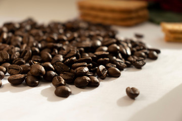 Breakfast coffee cookies morning still life background coffee grain on a white background 