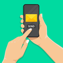 hand holds a mobile phone on the screen envelope and send button. touch finger. concept of sending and receiving messages.