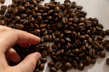 take coffee beans by hand morning in hand close up