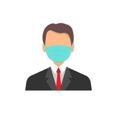 icon of a man with a medical mask on his face. A man wears a mask to prevent flu. Coronavirus COVID-19 respiratory disease.