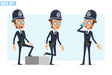 Cartoon flat funny british policeman boy character in helmet, glasses and uniform. Ready for animation. Kid walking up to his goal and talking on phone. Isolated on blue background. Vector icon set.