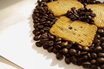 Breakfast coffee cookies morning still life background coffee grain on a white background