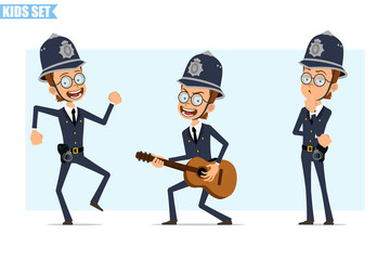 Cartoon flat funny british policeman boy character in helmet, glasses and uniform. Ready for animation. Kid standing, dancing and playing on guitar. Isolated on blue background. Vector icon set.