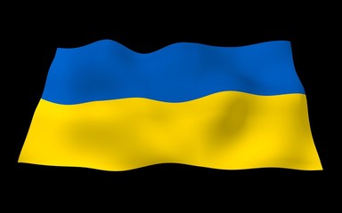 The flag of Ukraine on a dark background. National flag and state ensign. Blue and yellow bicolour. 3D illustration waving flag