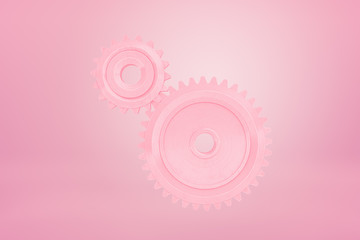 3d close-up rendering of two pink cogwheels floating on pink background.