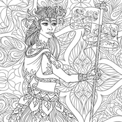 Fototapeta na wymiar Fantasy coloring page for adults with beautiful girl elf