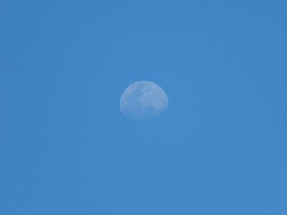 The moon in the blue clear sky in the evening. Natural Color.