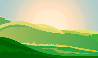 Green landscape field dawn above hills with grass. Sunrise summer countryside. Cartoon eco farm park. Vector illustration nature backdrop