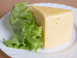 Green salad and cheese on a porcelain plate