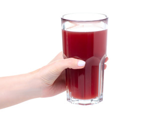 Hand holding glass of pomegranate juice on white background isolation