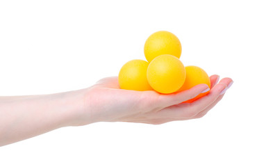 Hand holding Ping Pong Balls on white background isolation