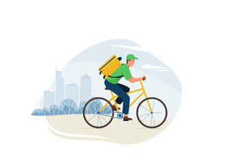 Fototapeta na wymiar Delivery service vector illustration. Fast safe deliver by man ride by bike to work or home, outdoor city landscape, cityscape. Worker wearing in green uniform