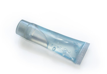 Plastic translucent blue gel tube isolated on white background.