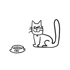 Sly cat with a bowl of food. Smiling cat. Doodle cat.  Vector illustration on white background. For cards, posters, design magazine decor, t shirt design, logo.
