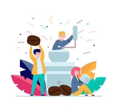 Tiny people and big coffee grinder. Bean, drink, sugar flat vector illustration. Hot beverages and coffee break concept for banner, website design or landing web page