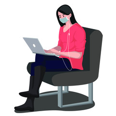 A woman using medical mask listening music from her laptop