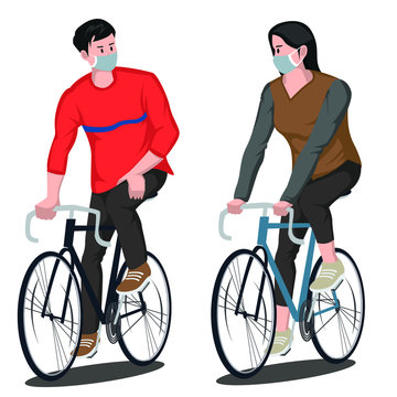 Man and woman cycling together while using medical mask