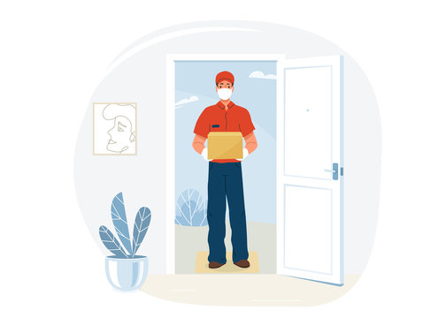 Delivery Service Vector Illustration. Courier Stand Near Open Home Door And Hold Package Box. Man Protected By Safe Mask And Gloves In Pandemic Period