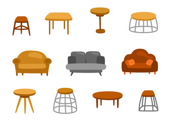Scandinavian furniture vector set. Table, sofa, couch. Wooden living room furniture design. Cozy home decor elements isolated on white.