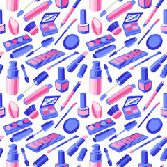 Seamless pattern with flat style colorful makeup icons.