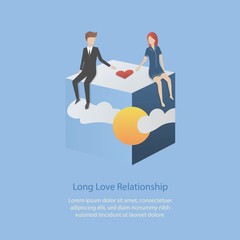 long distance relationship concept,A couple sitting on a box with different time periods,They miss each other and send red hearts to each other,Vector illustration.