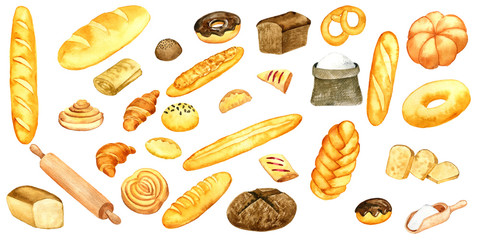 watercolor drawing bread and bakery