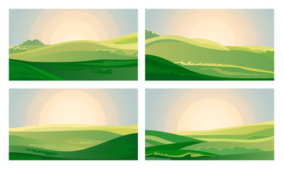 Obraz premium Summer green landscape field dawn above hills with grass. Sunrise in countryside. Cartoon eco farm park. Vector illustration nature backdrop