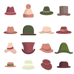 Set of man and woman different hats. Head hat icon collection isolated on white. Vector illustration