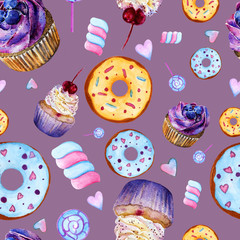Seamless pattern with watercolor sweets. Cupcake muffins, marshmallows, lollipops, hearts, cream with cherries and blueberries, cakes, donuts in sugar glaze, for designing a menu in a cafe, for fabric