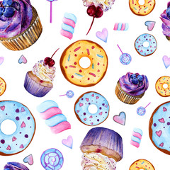 Seamless pattern with watercolor sweets. Cupcake muffins, marshmallows, lollipops, hearts, cream with cherries and blueberries, cakes, donuts in sugar glaze, for designing a menu in a cafe, for fabric
