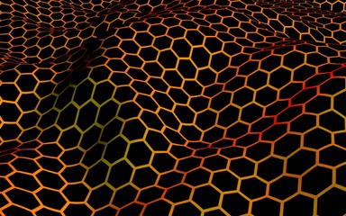 Honeycomb wave effect on a red yellow background. Perspective view on polygon look like honeycomb. Isometric geometry. 3D illustration