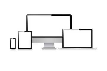 Set of realistic monitor, laptop, tablet, phone on a white background
