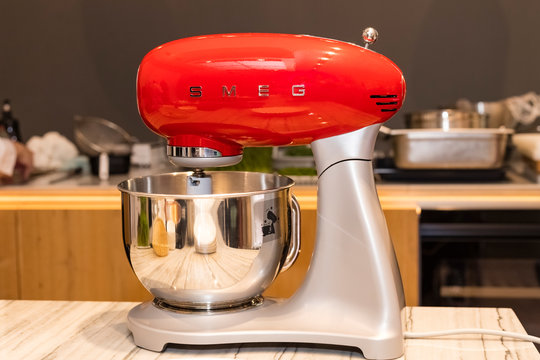 On a kitchen worktop close-up SMEG branded mixer, appliance for easy living, a popular Italian manufacturer
