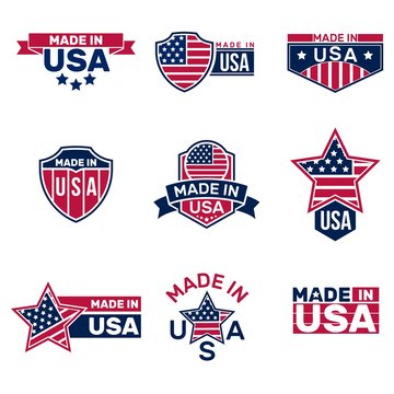 Made in USA patriotic stamps set. Retro seals with American flag stars and stripes patterns, heraldic badges and ribbons. Flat vector illustrations for labels and logos design, marketing concept