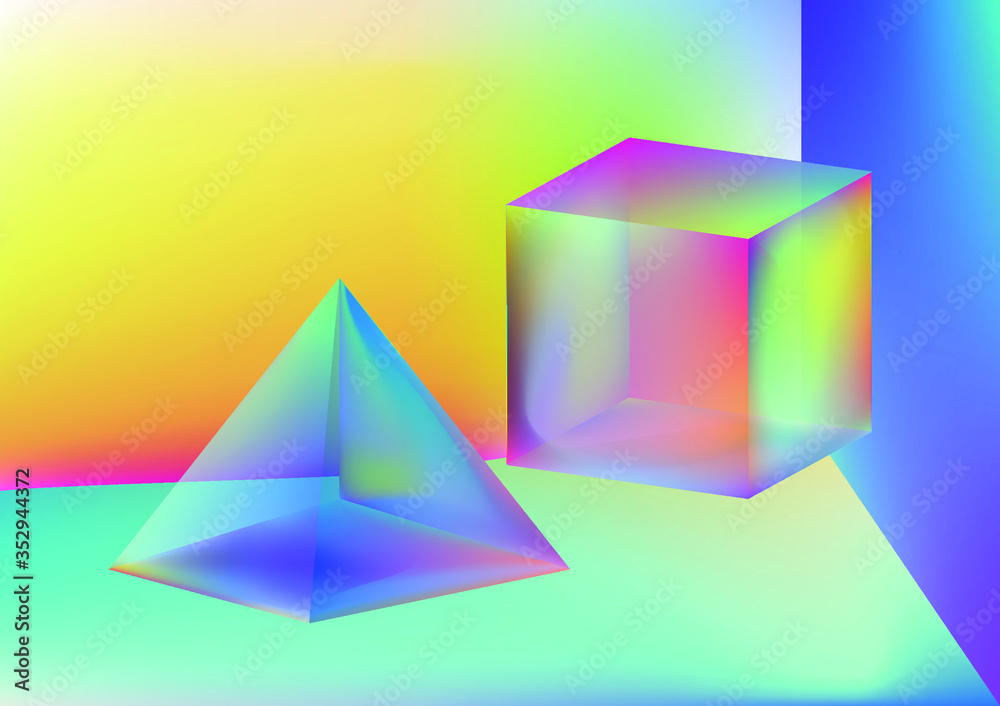 Poster Cube and Pyramind Prism in neon holographic colors, showing light refraction effect. Abstract vector illustration for science or technology cover.