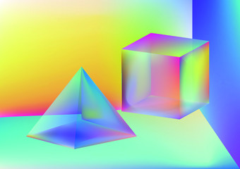 Cube and Pyramind Prism in neon holographic colors, showing light refraction effect. Abstract vector illustration for science or technology cover.