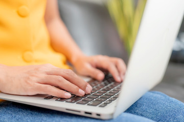 Hand typing on  computer keyboard. . Business and Technology Concepts.