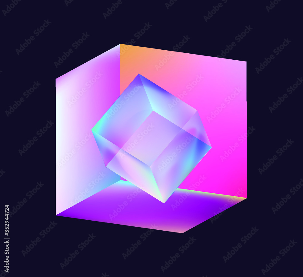 Poster cube or rectangular cuboid prism in neon holographic colors, showing light refraction effect. abstra