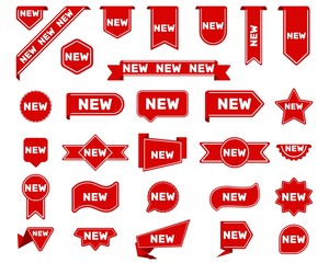New arrival tags and stickers set. Bright red labels, badges and ribbons for products, best offer marks. Flat vector illustrations for sale banners, promotion posters design cards design