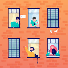 Friendly neighbors looking at windows. Friendship, neighbor, building flat vector illustration. Lifestyle and neighborhood concept for banner, website design or landing web page