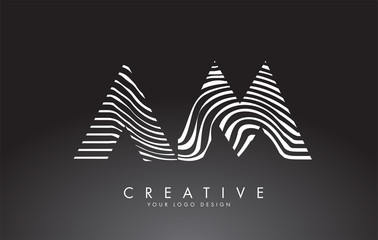 AM a m Letters Logo Design with Fingerprint, black and white wood or Zebra texture on a Black Background.