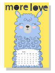 Cute monthly calendar of 2021 with a llama, cactus, inscriptions in the Scandinavian children's style. For web, banners, posters, labels and print. © MichiruKayo