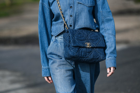 Paris, France – March 3, 2020: Denim Patterned Chanel Crossbody Bag -  Streetstylefw20 Stock Photo, Picture and Royalty Free Image. Image  147834393.